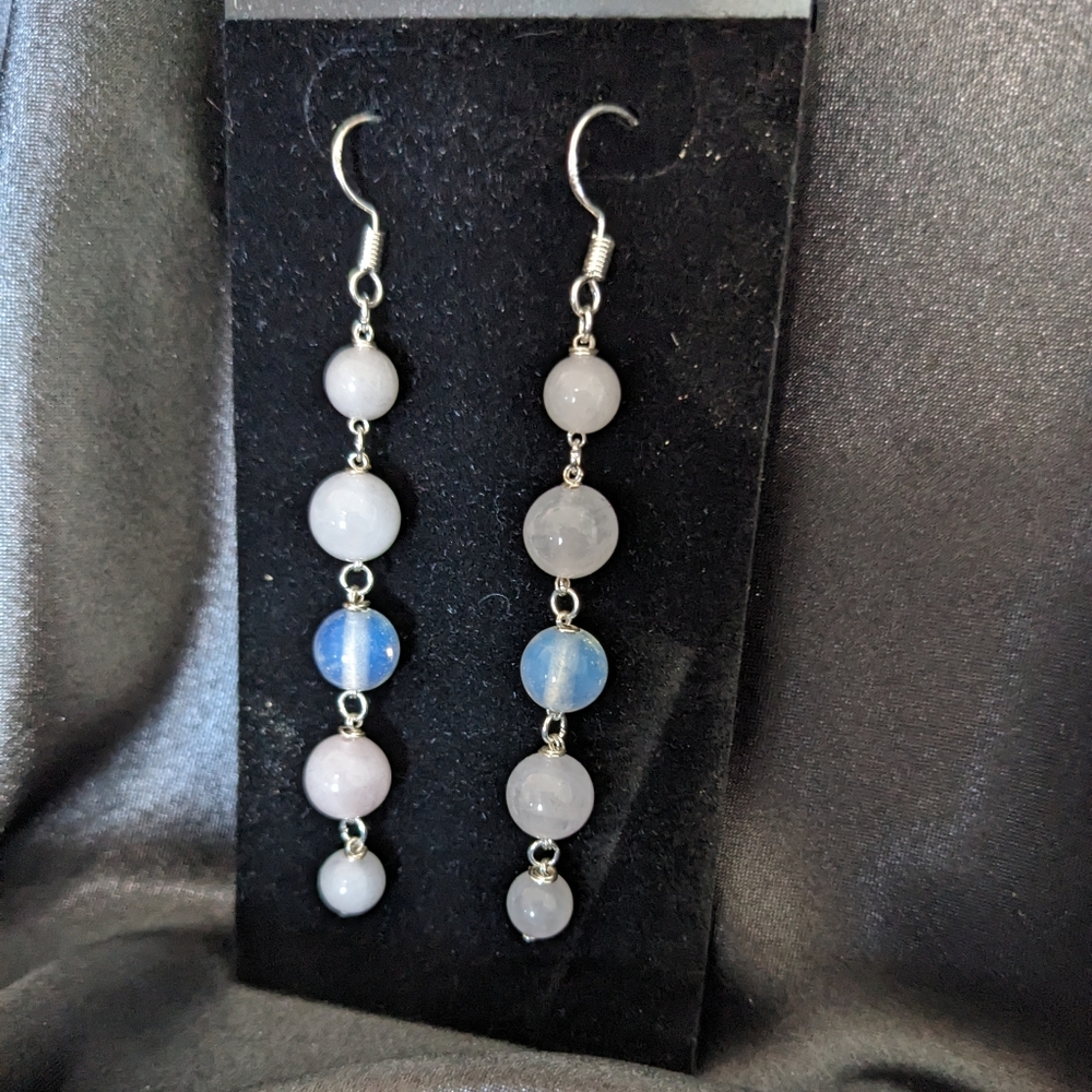 ROSE QUARTZ & MOONSTONE Earrings Dangle Long Handmade Crystal Beads Pink Cute - Picture 4 of 11